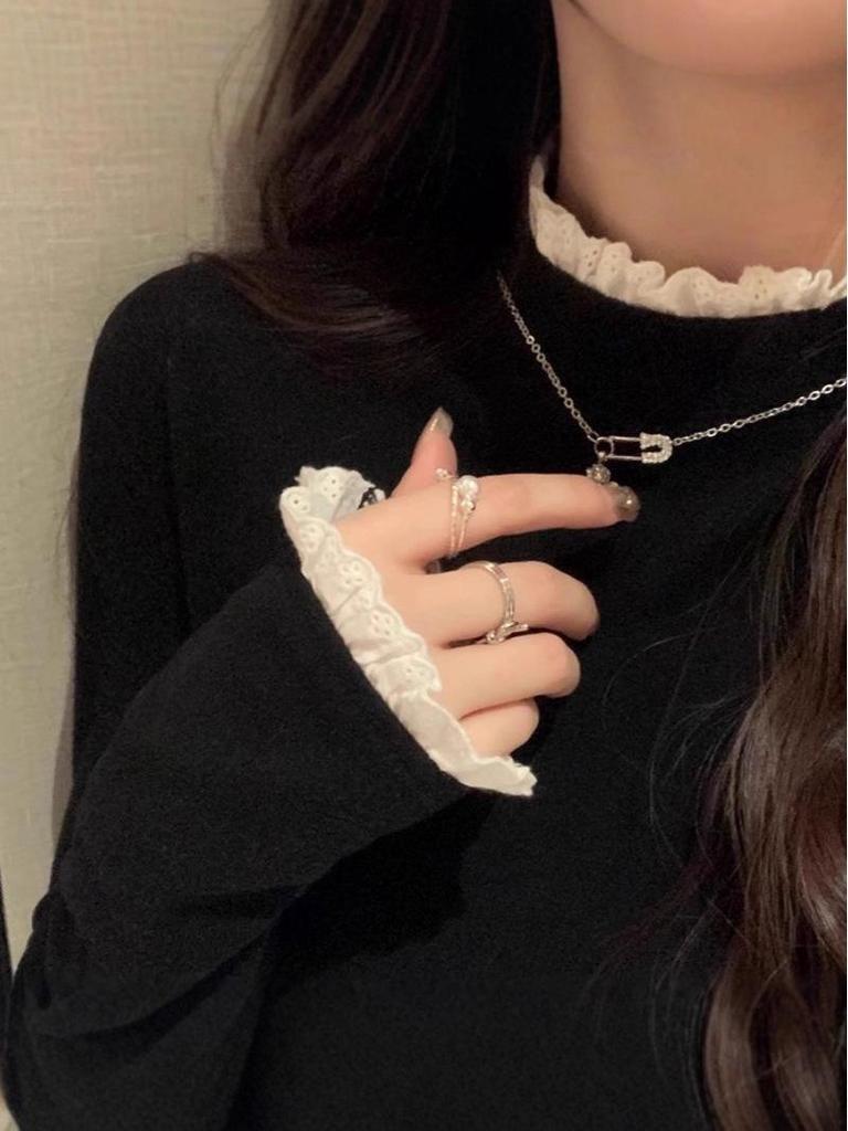 Korean Style Semi-High Neck Lace Patchwork Shirt - Women's Long Sleeve Autumn/Winter Top