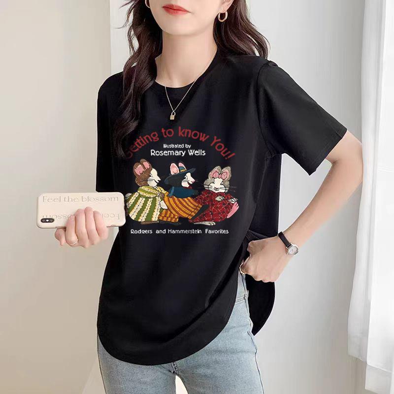 T-Shirt Damen Slim Top Unregelmäßig Baumwolle Kurzarm Sommer Gebogener Saum Große Größe Mittellang Stil Po-bedeckend