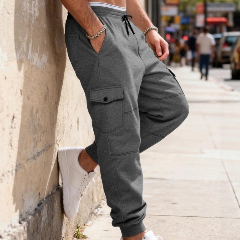 Autumn and Winter Fleece Men's Overalls Spliced Multi-pocket Drawstring Sports Casual Jogging Pants