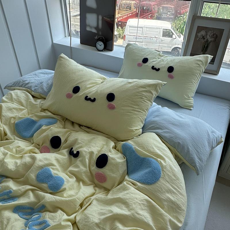 Super Soft Washed Cotton Towel Embroidered Cartoon Bedding FourPiece Set, Bed Sheet Quilt Cover, Student Dormitory ThreePiece Set