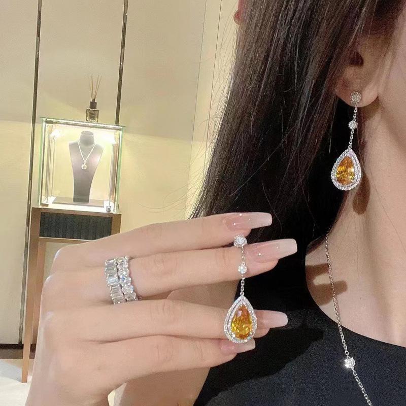Noble Adjustable Gemstone Three-Piece Set: Yellow Diamond Teardrop Earrings, Necklace, and Ring - Versatile High-End Design