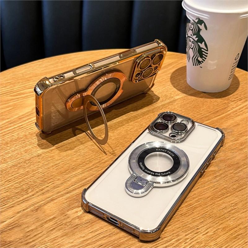 Luxusní pokovený Magsafe bezdrátový nabíjecí kryt pro iPhone 16 15 14 13 12 11 Pro Max Plus Průhledný akrylový magnetický držák Stand Cover