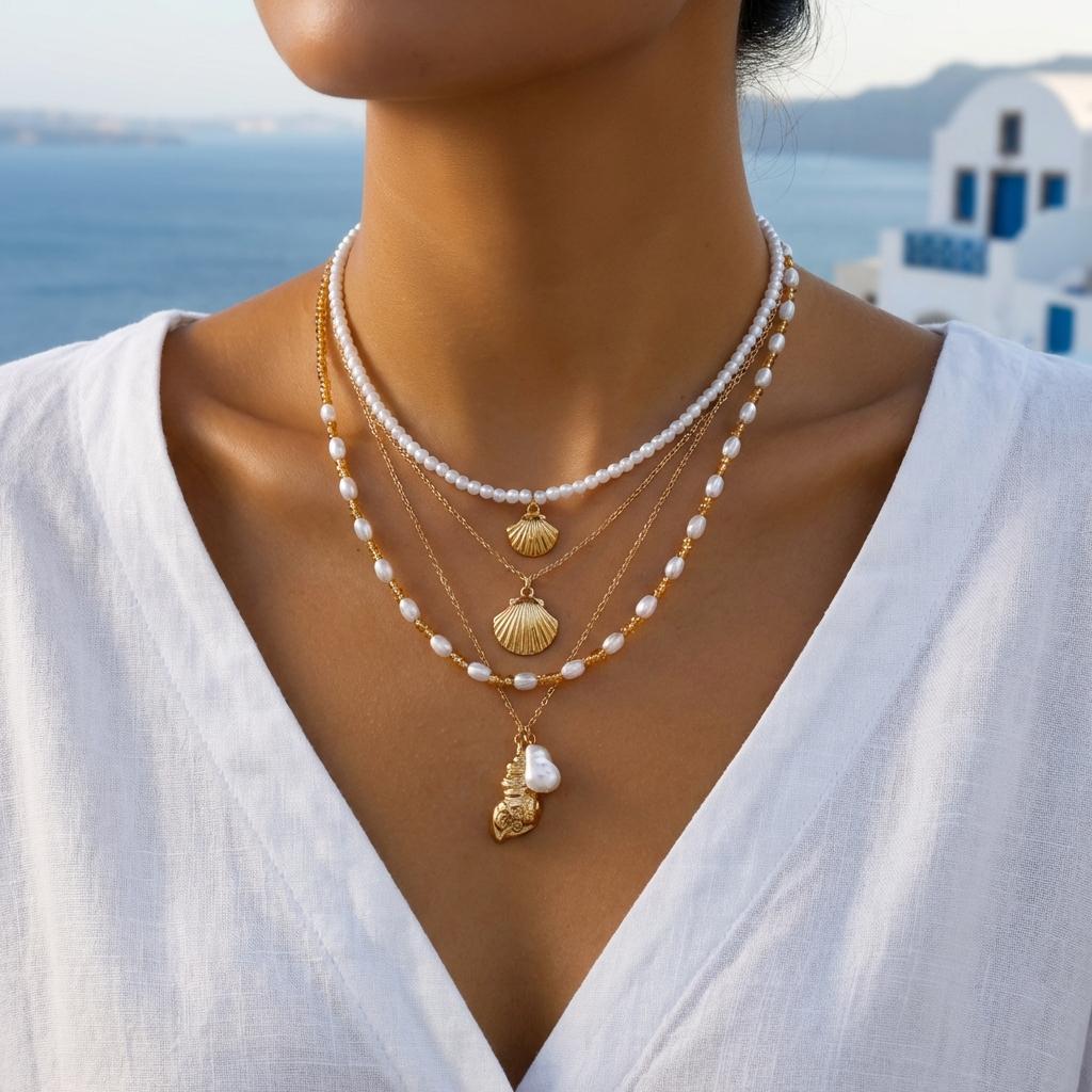 Bohemian Multilayer Starfish Shell Pendant Necklace for Women Handmade Imitation Pearl Beaded Choker Beach Party Charm Jewelry