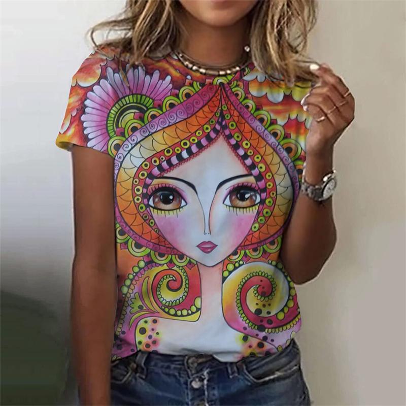 Classic Girls Face Painting 3D Graphic Tee Fashion Floral Print T Shirts For Woman Girl Street Harajuku Colorful Tshirt Tops