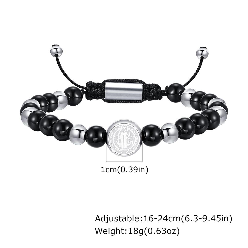 Benediktiner Perlenarmbänder für Männer Jungen, Verstellbares Edelstahl Armband mit runden Anhängern, Christlicher Religiöser Schmuck Geschenk