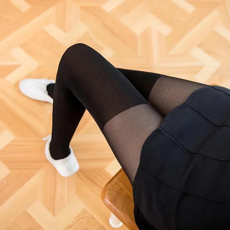 Faux Collants Velours Hautes Cuisses Pour Femmes - Partie Supérieure Transparente Et Partie Inférieure Opache Collants Féminins Amincissants Longues Chaussettes Filles One Size