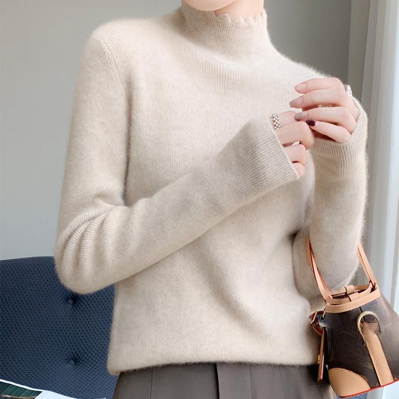 Lace Half High Neck Sweater Women's Black Fungus Edge Stand Up Collar Knitted Sweater Autumn and Winter High Neck Pullover Stylish Korean Style