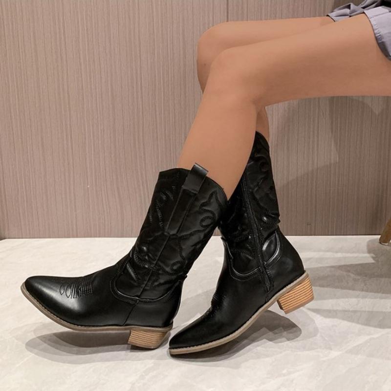 Fashion Women 2023 Cowboy Short Ankle Boots for Women Chunky Heel Cowgirl Boots Embroidered Mid Calf Western Boots Hot