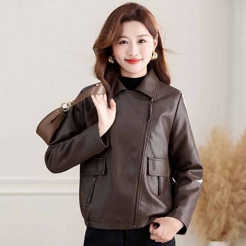 Women Pu Leather Jacket Notched Collar Slim Fit Casual Outerwear