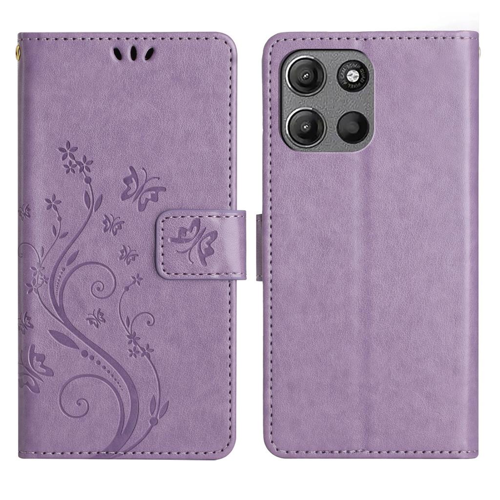 For Motorola Moto G15 4G Leather Wallet Case Butterfly Flower Imprinted Phone Cover with Strap