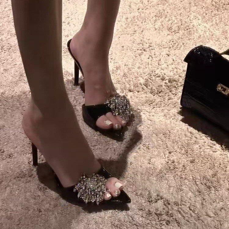 Thin heel rhinestone high heels beautiful words new cool slippers pointed black women's summer wear