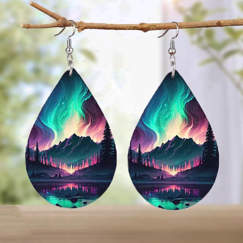 Colorful Aurora & Ocean Sunrise Pattern PU Faux Leather Earrings Women's Fashion Water Drop Dangle Earrings