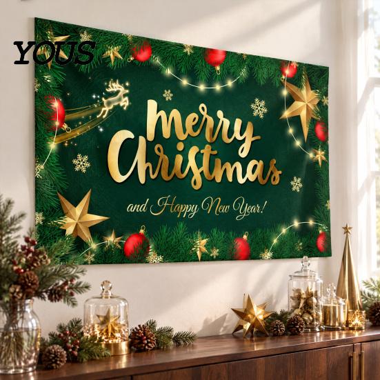 Decorative Holiday Fabric Christmas Banner, 71x43 Inches Santa Sleigh Reindeer Snowman Backdrop for Winter Wonderland Easy Install Door Banner