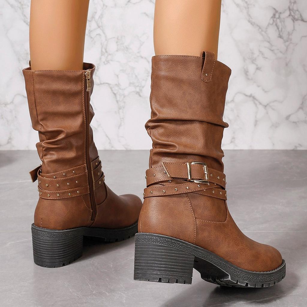 Fashion Big Size Low Heels Platform Long Boots Autumn Winter Comfortable Shoes Women Warm Booties Vintage Brown Women Knee High Boots