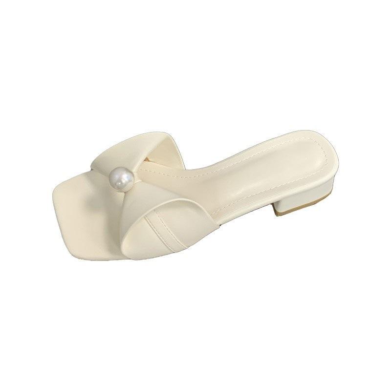 Bow pearl square head cool slippers female French versatile outer wear with skirt fairy one-word drag