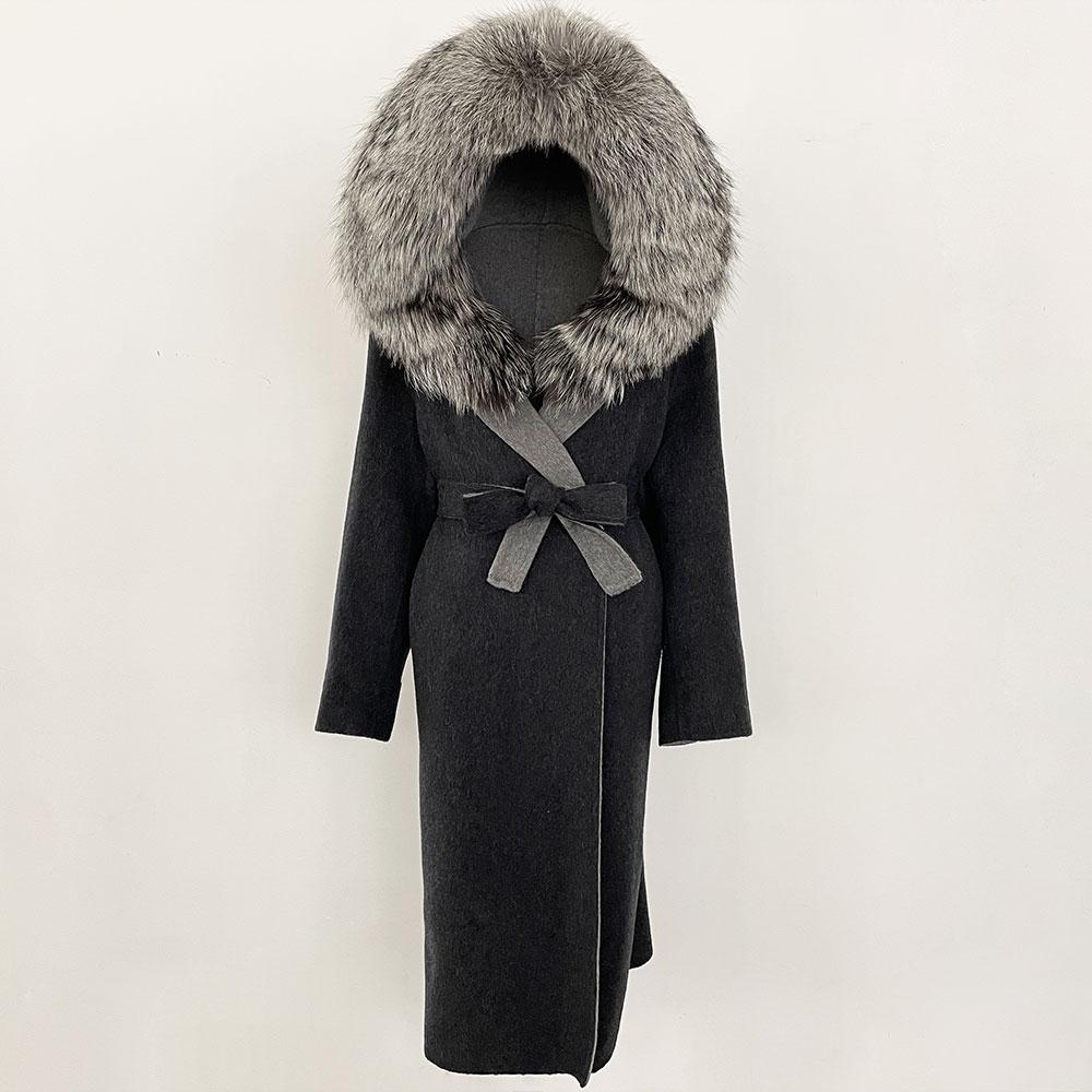 OFTBUY Winter Women Coat Real Natural Fox Fur Hooded Detachable Collar Double-faced Woolen Jacket Long Casual Elegant Overwears