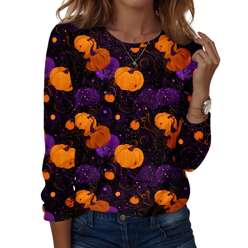 Women's Fashion Casual Long Sleeve Halloween Print Pullover Sweatshirt Crew Neck Top for Fall Seasonal Wear
