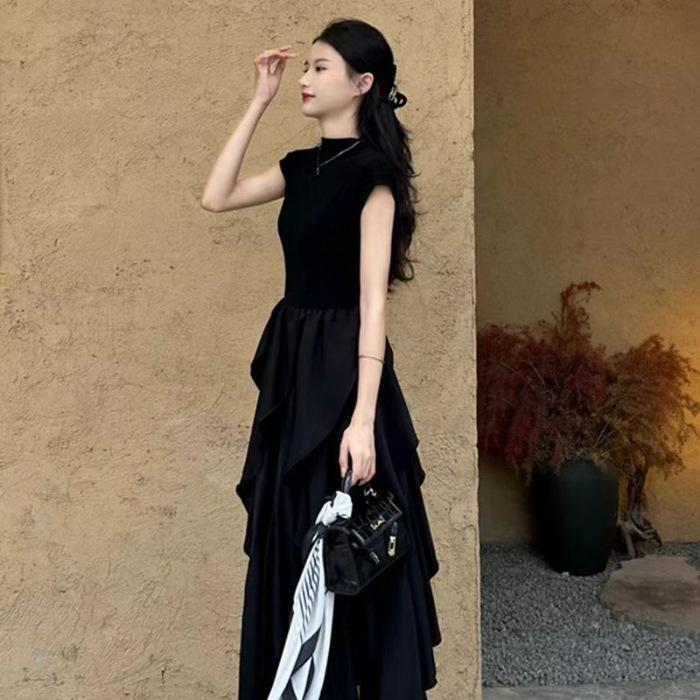 French Hepburn style long dress women s summer new waist and thin design irregular skirt black dress women S