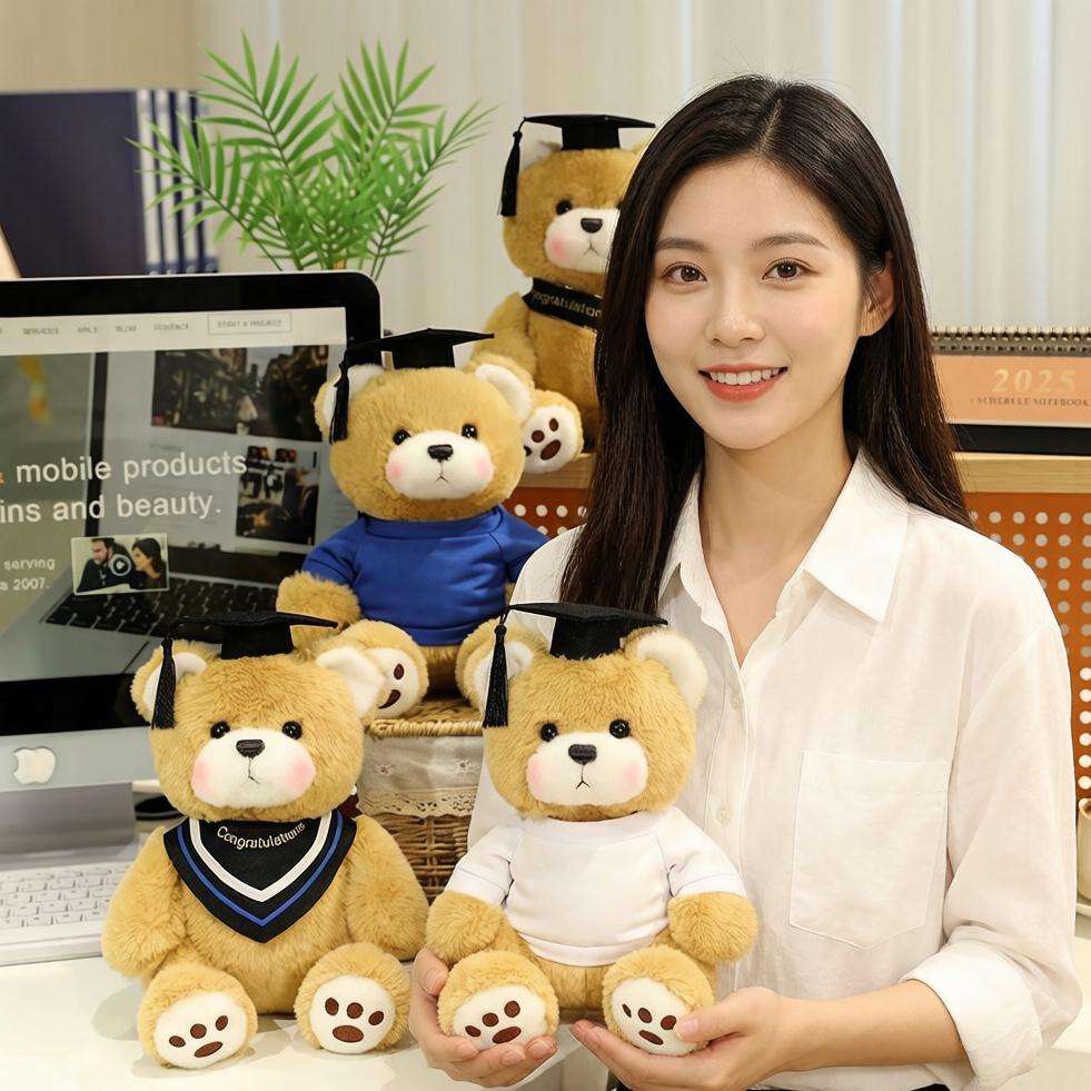 Favorite Toy Unisex Brown 25Cm Graduation Doctor Bear Plush Toy Stuffed Sitting Cartoon Animal Ribbon Bib T-Shirt Plushie Souvenir Gift