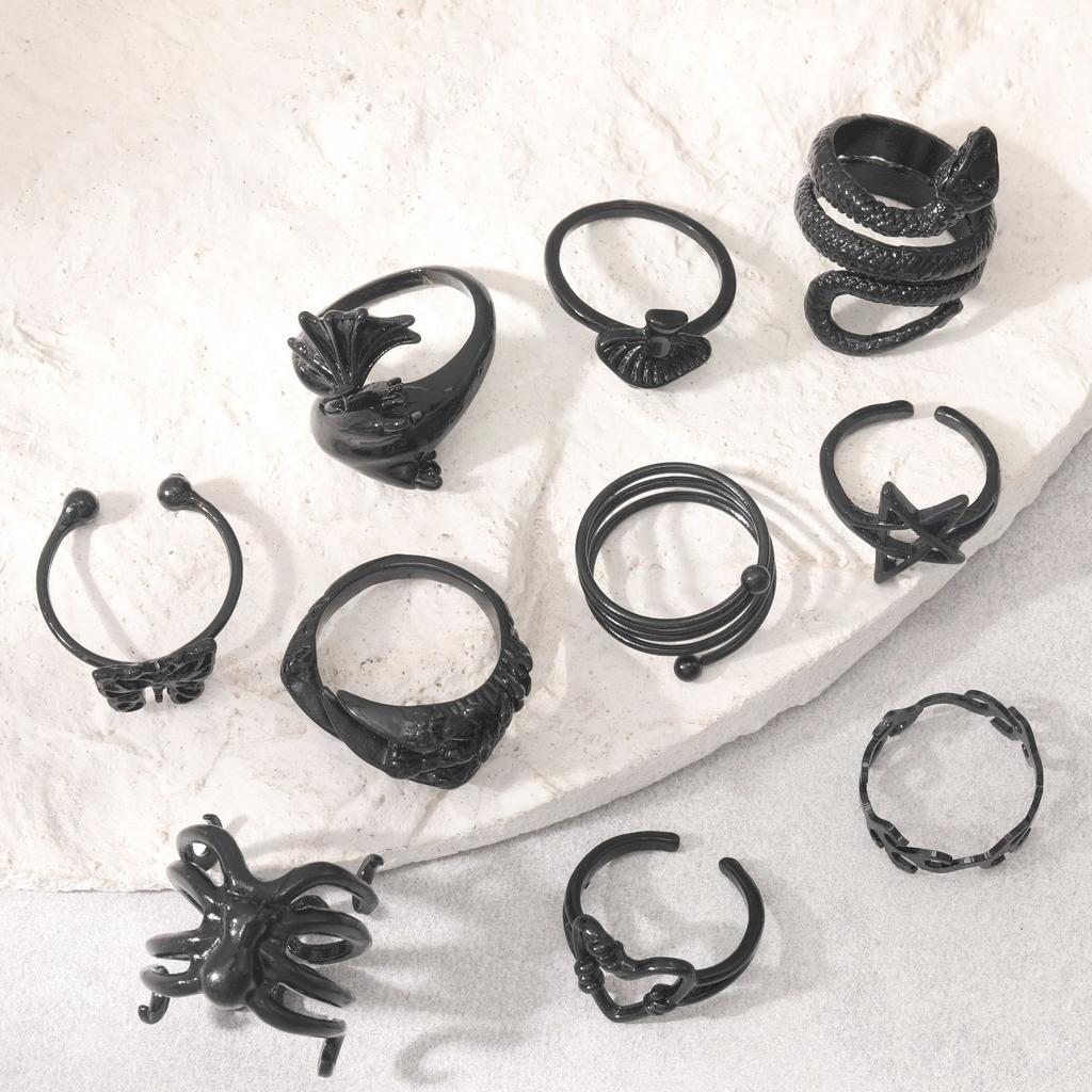 Personality Exaggerated Electrophoresis Black Butterfly Love Mushroom Five-Pointed Star Snake Claws 10-Piece Set Ring