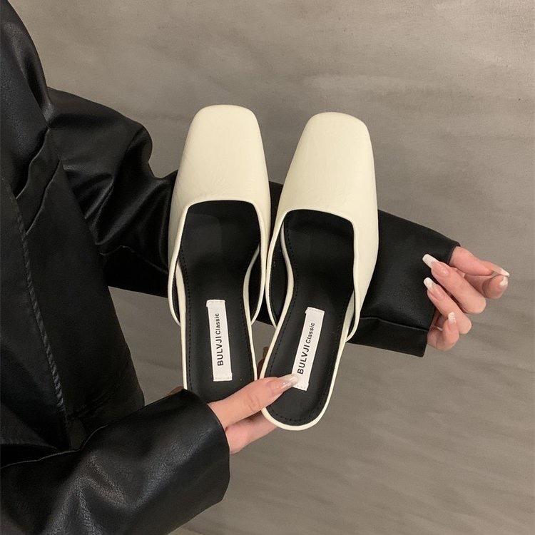 Temperament high-heeled bag head half slippers outer wear women's shoes spring and summer 2025 new thick heel not tired feet shallow mouth slippers