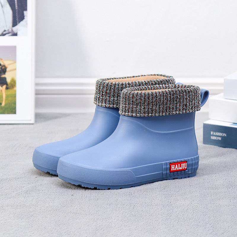 Medium tube rain shoes women's non-slip short tube rubber shoes fleece warm water shoes kitchen waterproof shoes women's lightweight flat rain boots