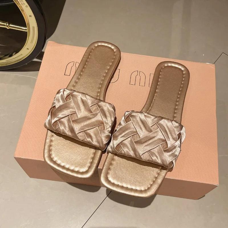 Fashion Summer Satin Flat Women's Slippers Casual Fabric Shallow Mouth Non-Slip Wear-Resistant Fashion Outdoor Sandals Zapatillas Mujer