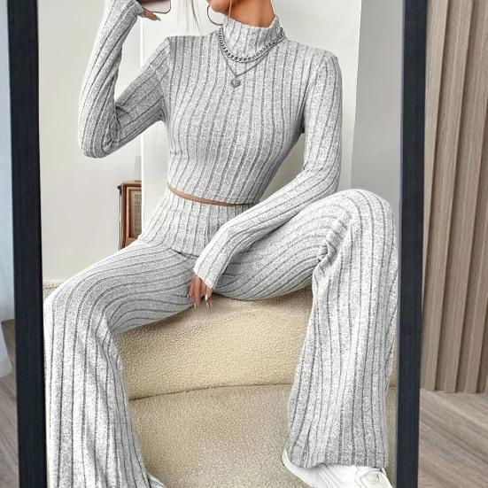2 Pcs/Set Fall Winter Women Top Pants Set Half-high Collar Long Sleeves Slim Fit Sweatshirt High