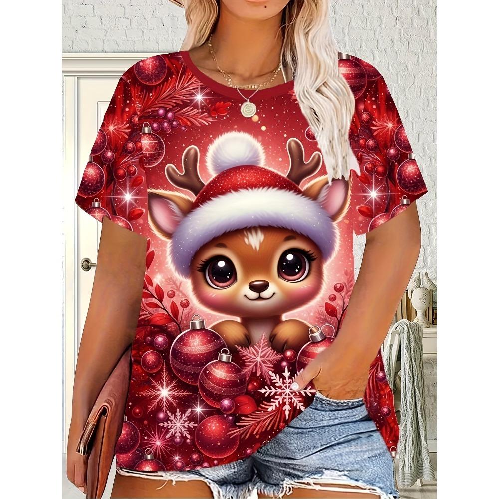 Ladies Loose T-shirt, Christmas Atmosphere Plus Cute Kitten, Printed T-shirt