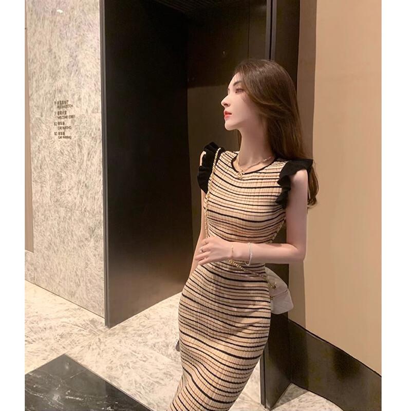 JK&JS Elegant Striped Sleeveless Slimming Midi Dress