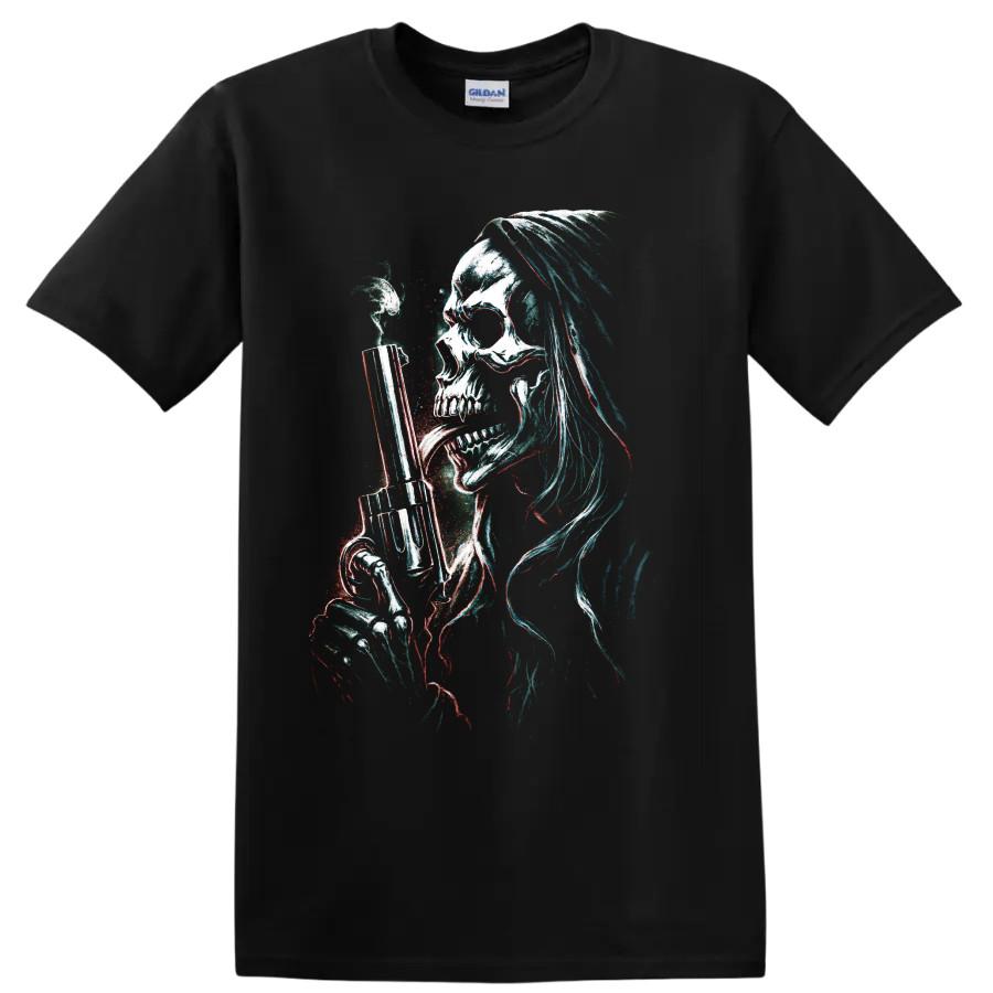 Camiseta Gráfica de Calavera con Pistola Glitch Horror Gótico Camiseta de Arte Espeluznante de Halloween