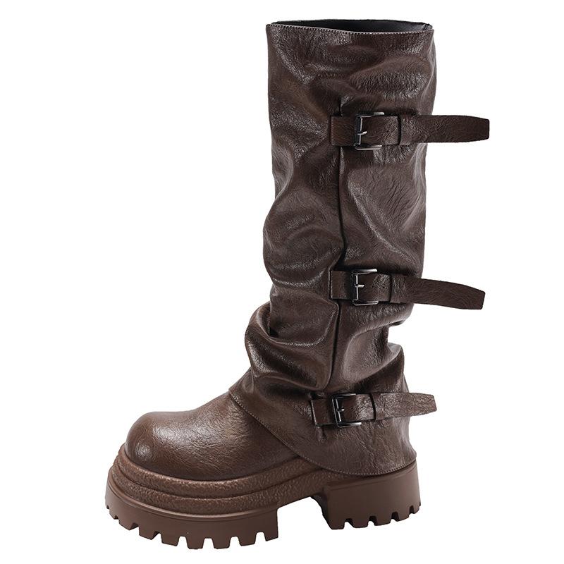 Retro black British platform boots women's boots 2025 new autumn with skirt thin knight boots