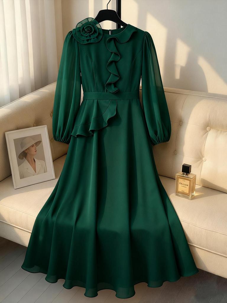 Plus Size Women's Elegant Floral Chiffon Gown with Ruffled Waist and Long Sleeves