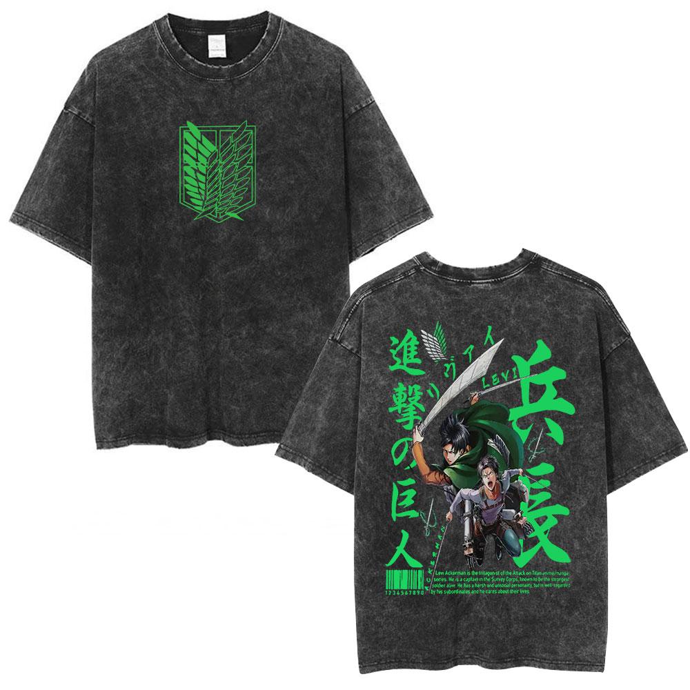 Anime Attack on Titan Washed T Shirt Men Cotton Casual Short Sleeve T-shirt Manga Levi Ackerman Oversized T-shirts Streetwear