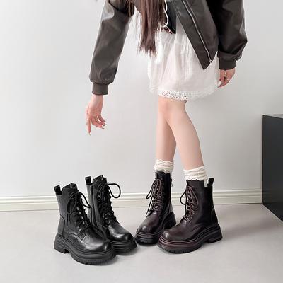 British Lace-up Martin Boots Women's Short Boots 2025 New Round Head Thick Heel Medium Boots Thick-soled Maillard Single Boots