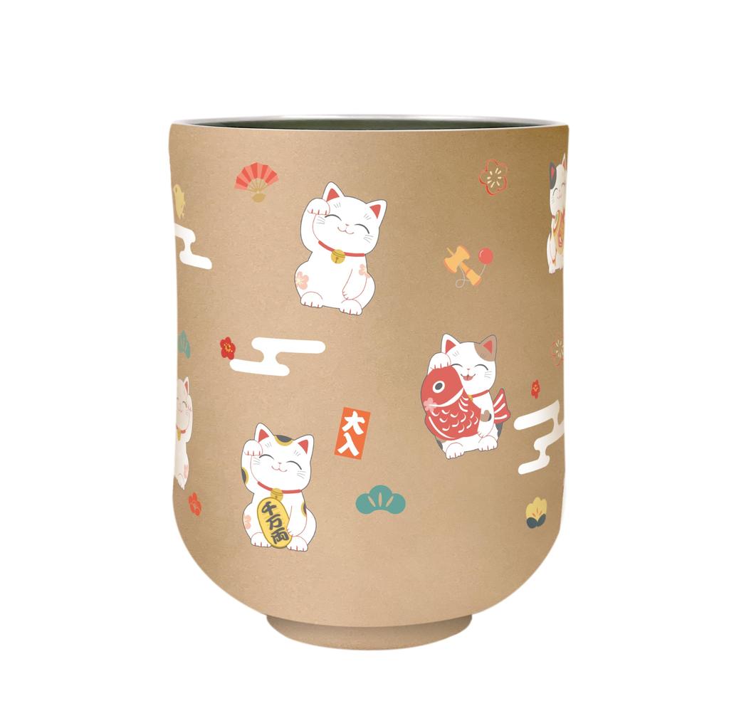 Wahodo Vacuum-Sealed Yunomi Cup, 300ml, with a Maneki-neko (Lucky Cat) Design, Vacuum Insulated, Keeps Drinks Hot or Cold, Perfect for Office Use,