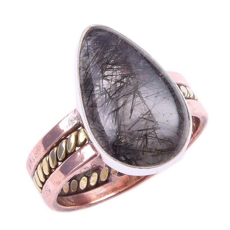Natural Black Rutile Gemstone 925 Sterling Silver Jewelry Two Tone Ring S.9 s6P40
