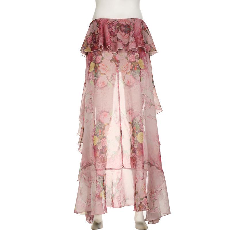 European Style 2024 Floral Print Irregular Maxi Skirt with Double-Layer Ruffles
