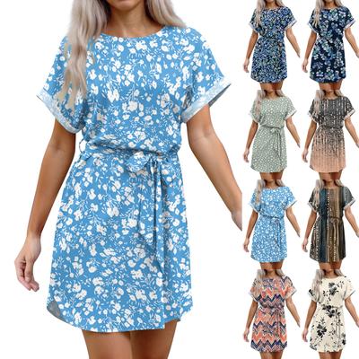 Vestidos Curtos de Verão Femininos Gola O Casual Manga Curta Morcego com Cinto Para Mulheres