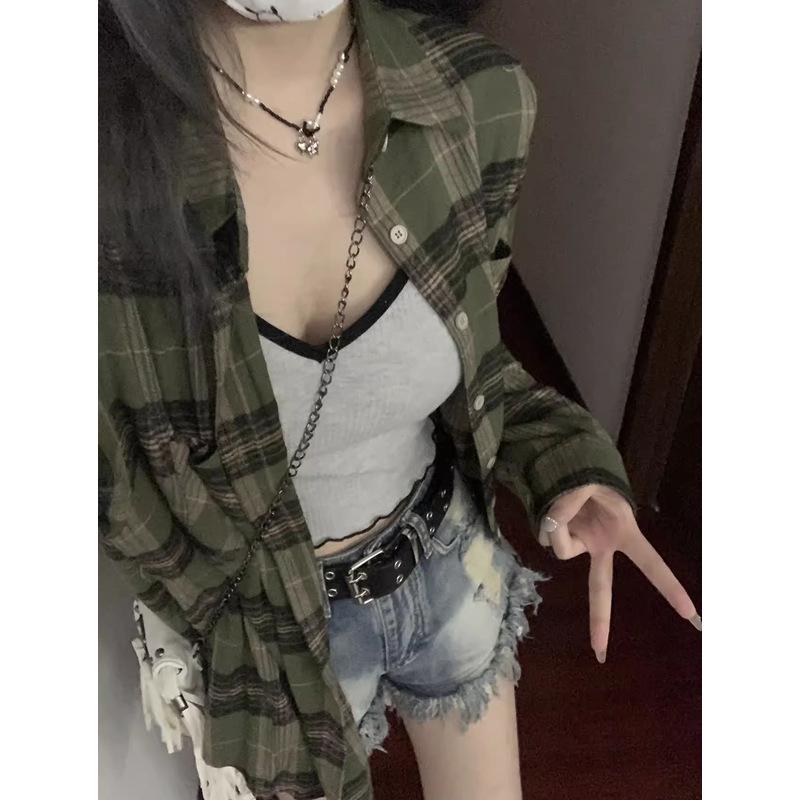 2024 Women's Retro Green Plaid Shirt Jacket - Spring/Autumn Design