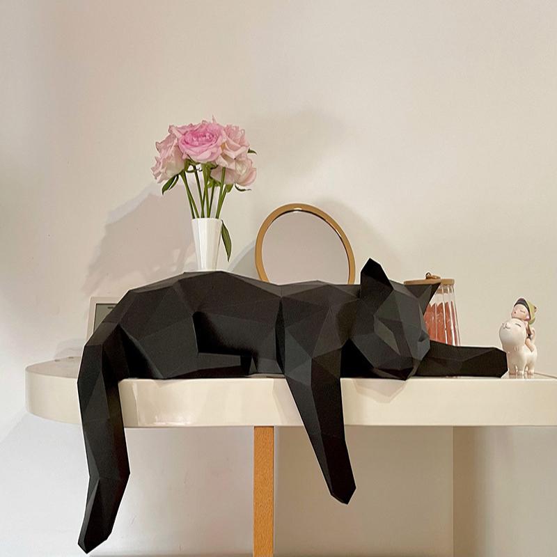 Black White Cat Statue - Geometric Modern Room Decor Figurine Sculpture For Home Office As Table Shelf Desk Decor Lying Cat