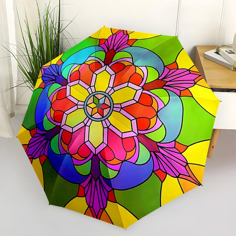 1pc Colorful Mandala Pattern Automatic Folding Umbrella - Portable 3-Fold Design, 8-Bone Iron Frame Outdoor Umbrella, Ideal Gift for Fans, Travelers,