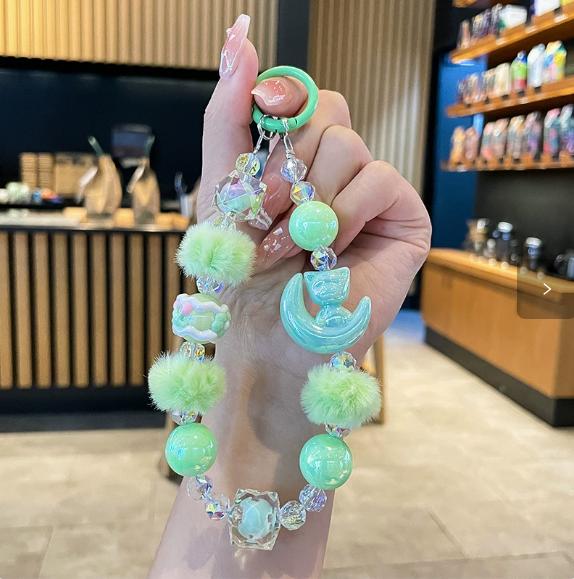 New Women'S Pom Pom Hand-Painted Bead Phone Chain Cute Dopamine Color Wrist Strap For Phone Case Bag Keychain