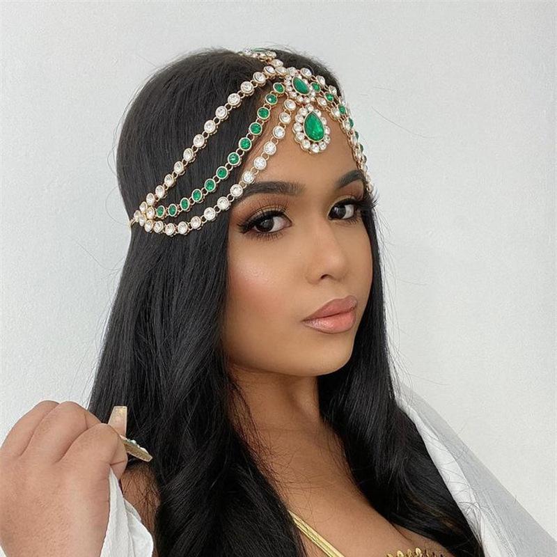 Hot Sale Emerald Water Drop Pendant Forehead Lace Women Elegant Fashion Multi-Layer Drill Head Chain Hair Accessories