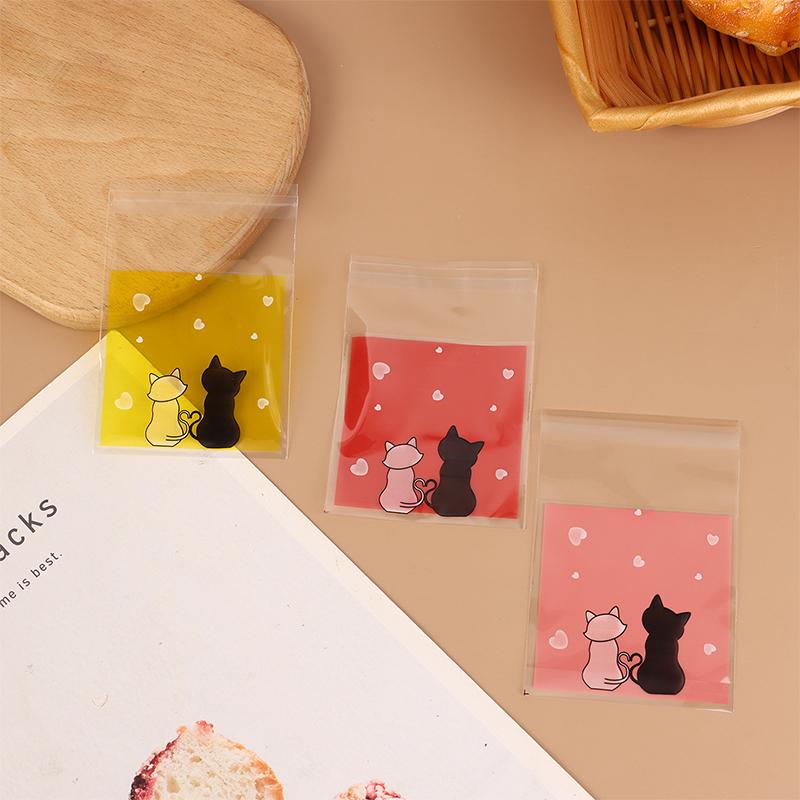 100 Stück Mini-Cartoon-Kekstüten zum Backen, Snacks, selbstklebende Tüten, Pärchen, Katzen, Kekse, Süßigkeiten, Schmuck, Geschenkverpackung, Plastiktüte