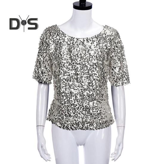 

Женская рубашка с блестящими пайетками, с половиной рукавом и круглым вырезом, свободная однотонная мягкая дышащая пуловер, сверкающая коктейльная блузка для вечеринки, выпускного вечера XL серебряный