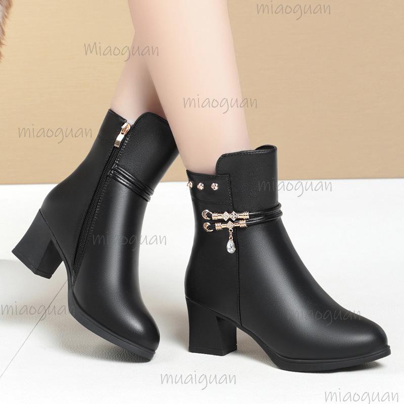 Size35-42 Chunky Heel Mid-Calf Boots Women Rhinestone Pearl Decor Warm Fur Lined Winter Dressy Short Boots Platform Sole Booties