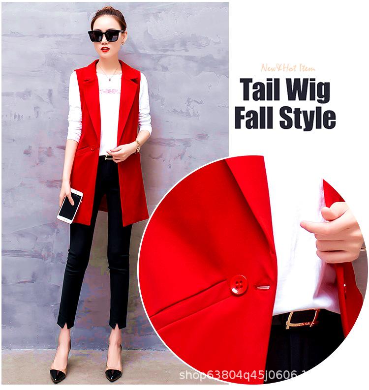 Women's Slim Fit Double-Breasted Vest with Shoulder Pads - Mid-Length, Sleeveless, Red or Black, Korean Style, for Spring and Autumn