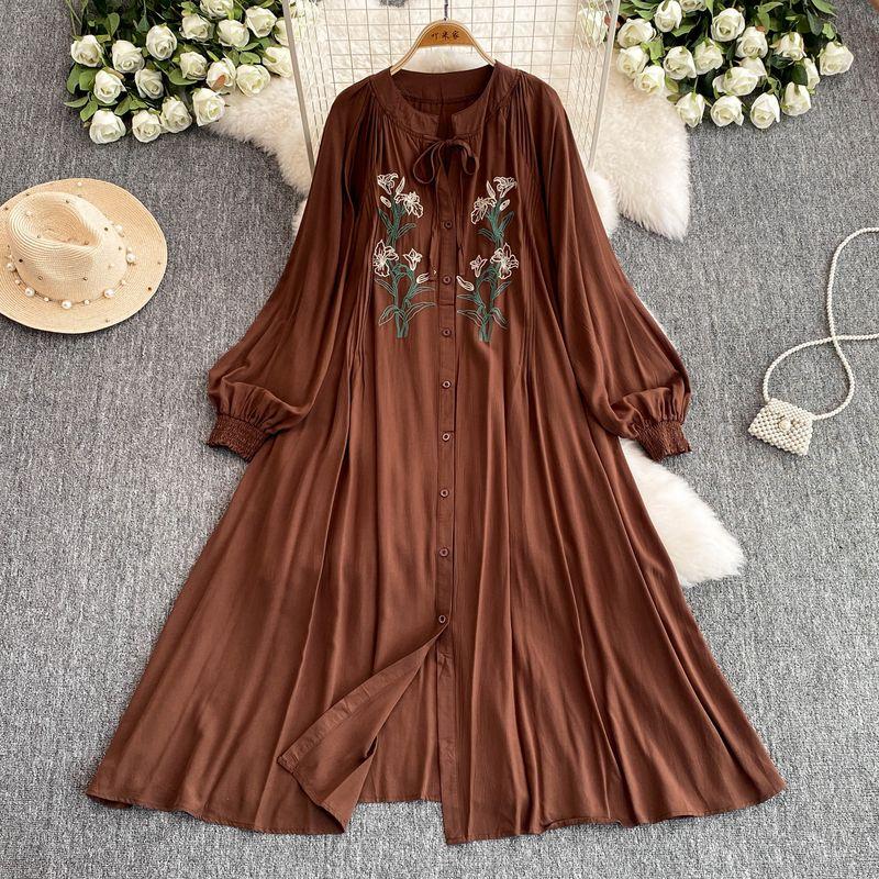 

French Style Retro Embroider Flower Dress Female Stylish Niche Loose Slimming Lantern Sleeves Mid-Length Shirt Dress Coffee M