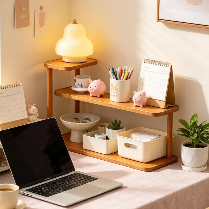 Wooden Desktop Storage Shelf 2/3 Tier Sturdy Frame Large Capacity for Skincare Stationery Home Office Desk Organizer